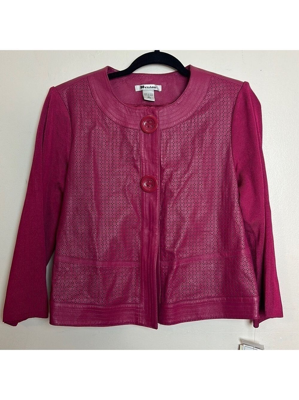 Nygard Collections Perforated Leather Cropped Length 3/4 Sleeve 3 Button Jacket